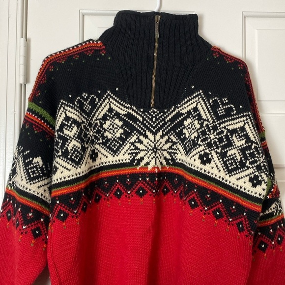 Dale of Norway 2003 St. Moritz Pure Wool 1/4 Zip Sweater Fair Isle Black Red S - Picture 1 of 14
